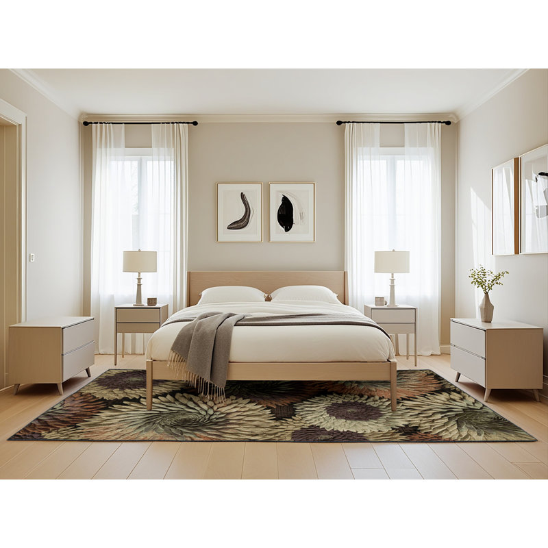 Machine Washable Botanical Brown Area Rug, Rectangle 5' x 8'