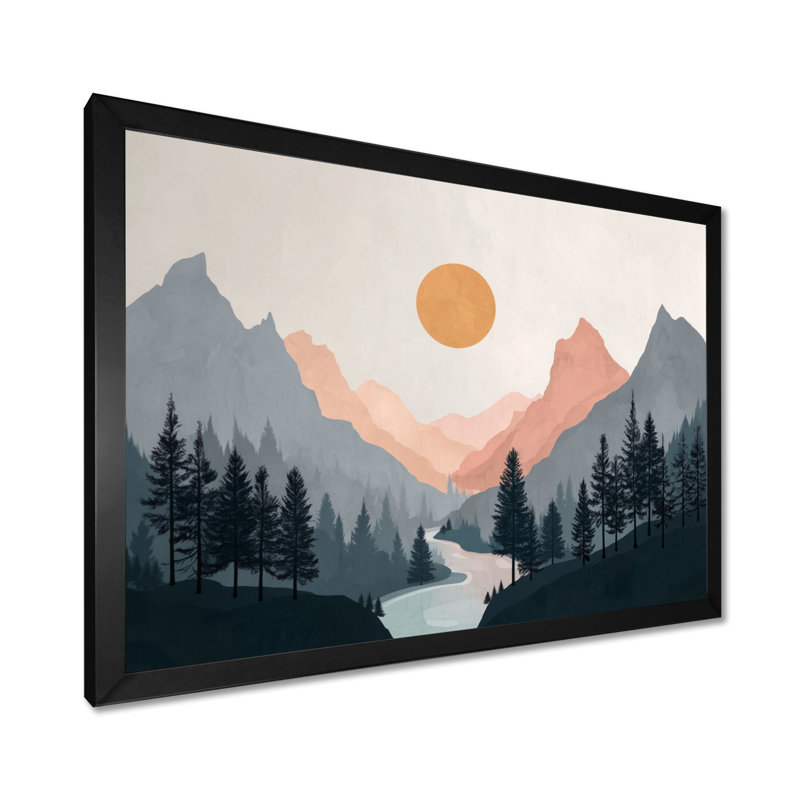 Été coucher de soleil dans les montagnes - décoration murale bord de mer, art mural encadré bord de mer jaune, Noir
