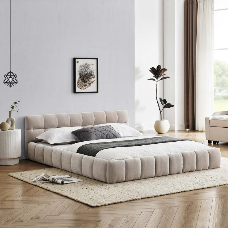 Structure de lit tapissier avec tissu épais, lit plateforme en chenille avec tête de lit et structure solide, aucun sommier nécessaire
