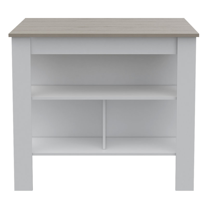 Îlot de cuisine à surface antibactérienne Brooklyn, trois tablettes dissimulées, Blanc / Gris