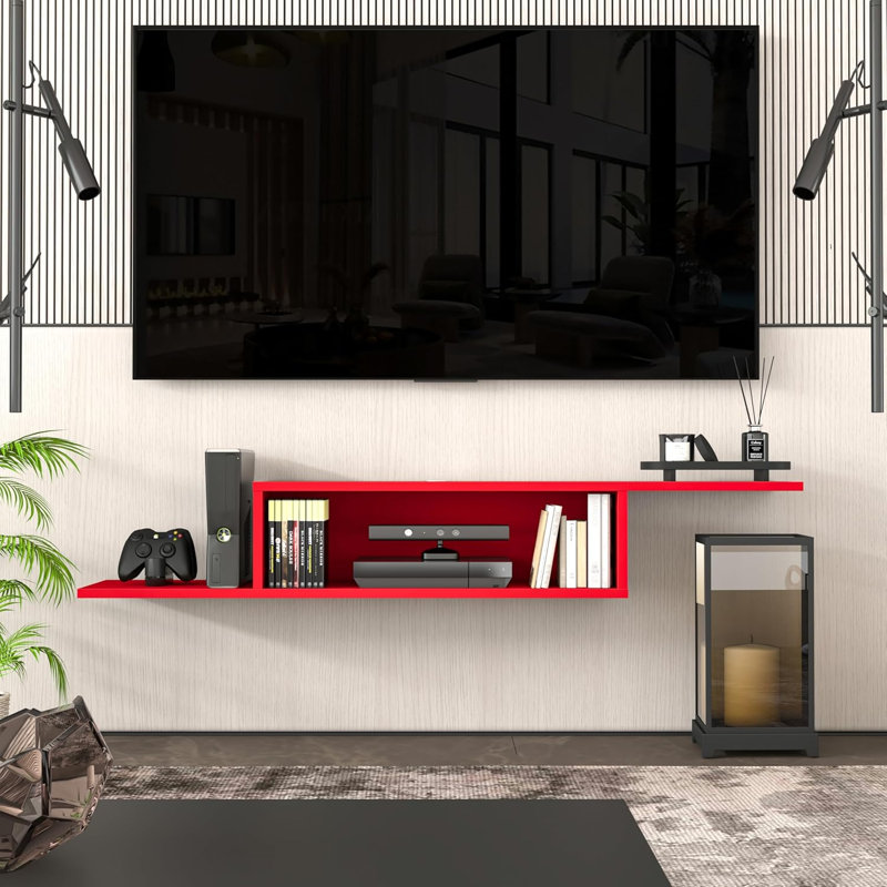  Meuble audio-vidéo mural et flottant rectangulaire en bois brun foncé de 65 po de largeur avec tablettes en bois, Rouge