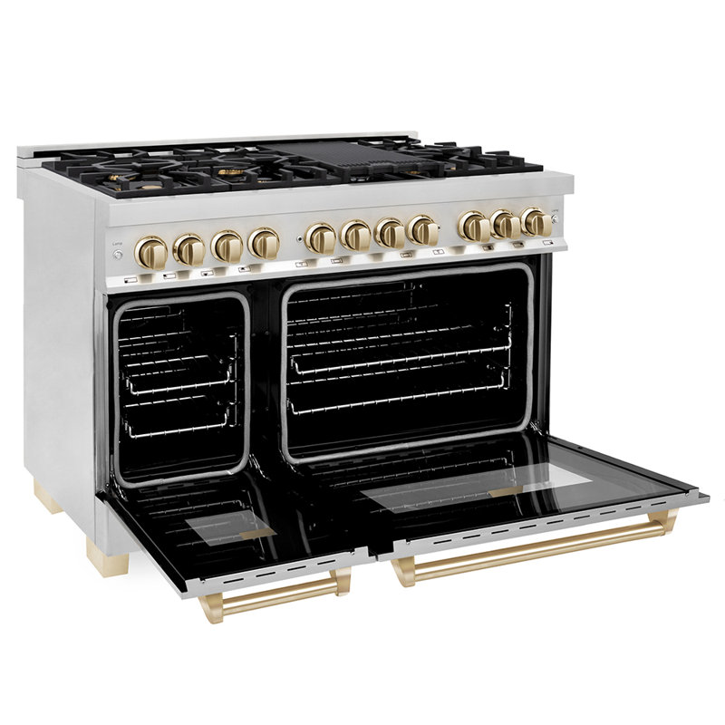 ZLINE Autograph Edition 48 po. 6,0 pieds cubes Cuisinière à deux brûleurs avec plaque de cuisson à gaz 7 brûleurs et 2 fours électriques en acier inoxydable Legacy