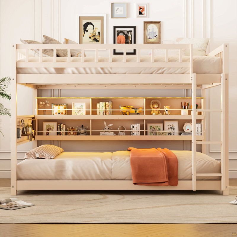 Lit superposé double XL avec étagères intégrées, éclairage aux couleurs changeantes et panneau perforé, beige, Beige