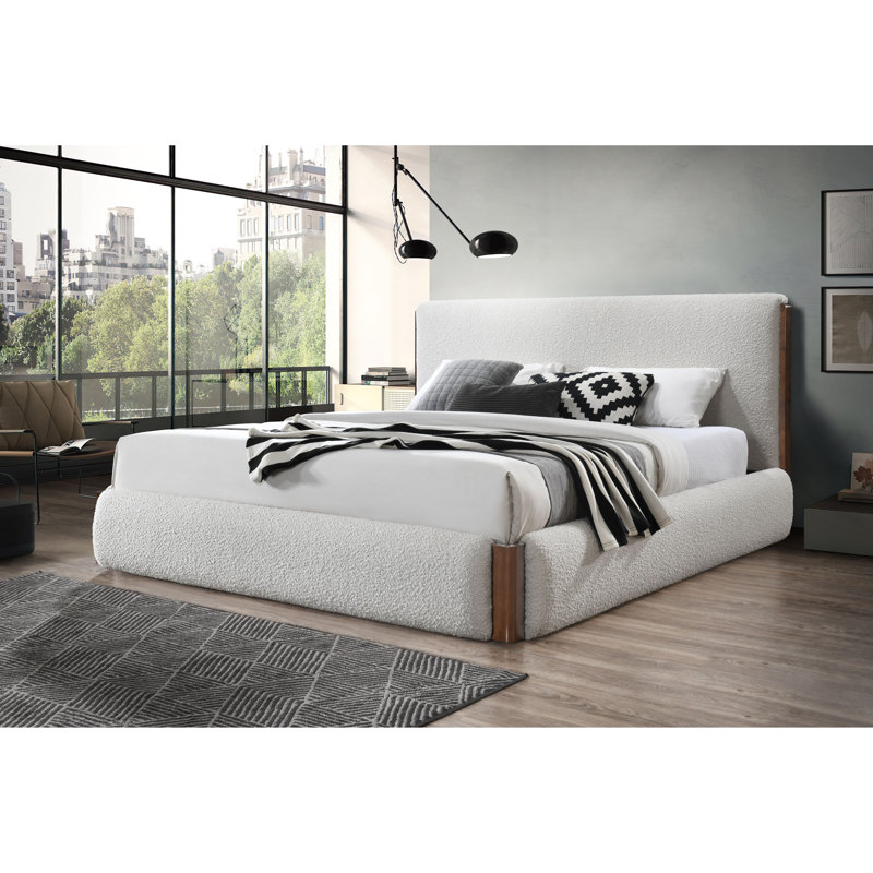 Sandro King White Boucle Upholstered Bed with Walnut Frame