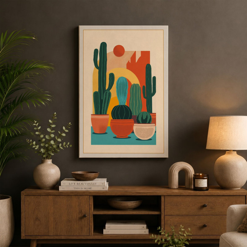 Desert Garden Mid-Century - Wrapped Canvas, 30x20 - 76.2 x 50.8 cm, Terracotta Border