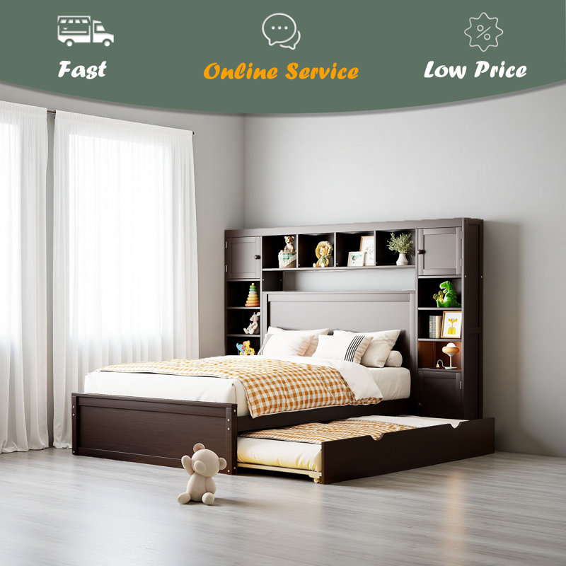 Lit en bois avec armoire tout-en-un, tablette et prises, lit gigogne, Lit double, Espresso