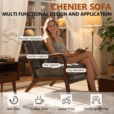 Fauteuil lounge LifeSky style Mid-Century avec soutien lombaire pour la lecture au salon : 2 heures d’assise sans douleur – Dossier ergonomique à 105° et coussin d’épaisseur de 12 cm – Accoudoirs en bois incurvés