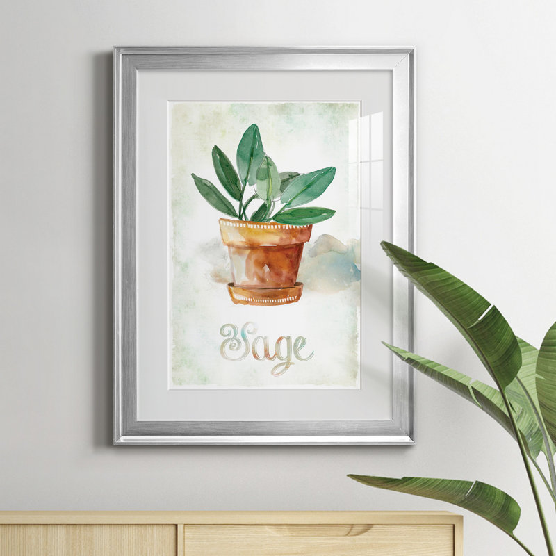 Sauge en pot - Encadrée sous verre acrylique, grand tableau pour salon, H 24,5 po x l 18,5 po x P 1 po, Argent