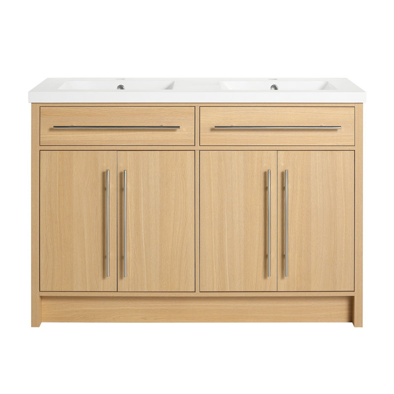 Meuble-lavabo double autoportant 48 po avec deux lavabos en résine, 4 portes à fermeture en douceur et poignées en métal - Contreplaqué de chêne original, design américain moderne