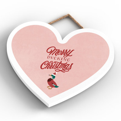 Xmas Merry Ducking Christmas Wooden Heart Plaque