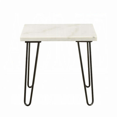 Modern Elegance White Marble End Table with Black Finish Legs, Perfect for Luxury Living Room Decor and Functionality.