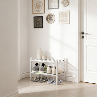White Small 2 Tier Bamboo Shoe Rack For Entryway Hallway Closet Indoor Outdoor