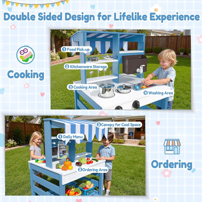 Kids Kitchen Playset, Double-sided Wooden Outdoor Mud Kitchen, Toddler Pretend Play Kitchen, Backyard Mud Table, Gift For Boys Girls