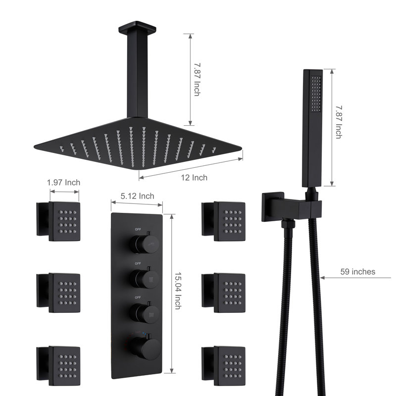 Herathena 3 Functions Ceiling Mounted Luxury Shower System with 6 Body Jets (Rough-in Valve Included), Matte Black