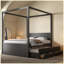 Lit plateforme double à baldaquin avec lit gigogne simple, 3 tiroirs de rangement, tête de lit, lit à baldaquin noir pour la chambre à coucher