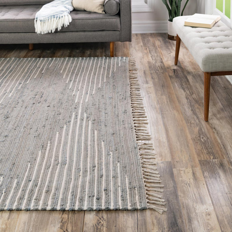 Tapis gris / blanc en coton tissé à plat à la main Justice, Carré 10 pi