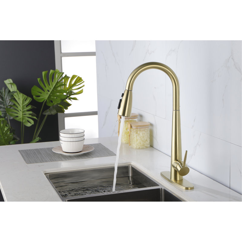 Brushed Gold, Stainless Steel, Single Handle, Kitchen Sink Faucet, Pull Down , 360 Rotating Nozzle, Three Water Output Forms, Easy Flow Regulation, - Corrosion Surface Treatment Stream/Spray/ Modes,
