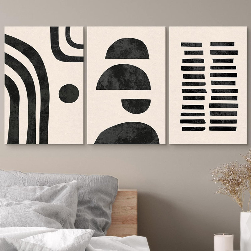 Formes géométriques demi-cercles et lignes noires et brun clair style Mid-Century moderne relax / calme 3 pièces