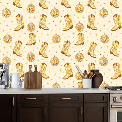 Papier peint auto-adhésif rétro Vichy botte de cow-boy vichy boule de disco doré brillant papier contact amovible auto-adhésif mural pour armoires de cuisine de chambre à coucher 17,7 po x 118 po