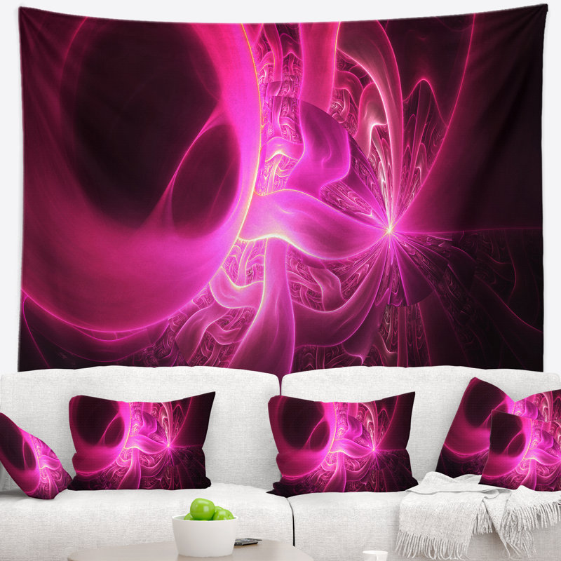 Motifs abstraits rose vif sur tapisserie noire, H 50 po x l 60 po
