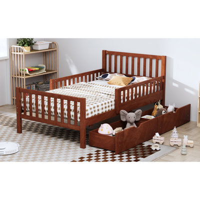 Twin, Walnut, Wood Platform Bed, Guardrails, Storage Drawers, Straight - Line Headboard Design, Solid Construction, 8 Evenly Spaced Slats, Space Saving Twin Size Walnut Pinewood Bed With Guardrails