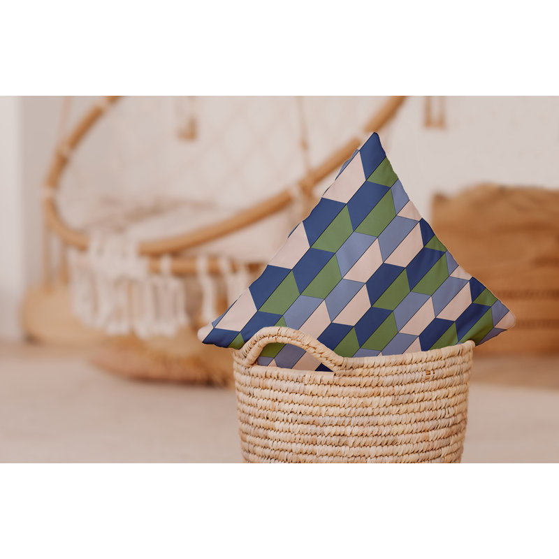 Coussin Bee and Comb, H 16 po x l 16 po, Bleu / vert / blanc cassé géométrique