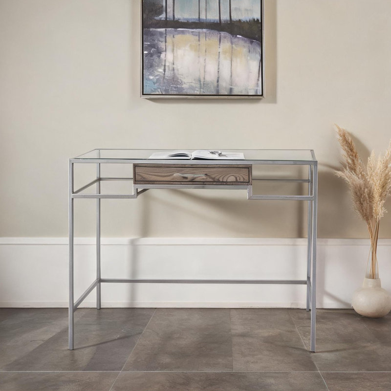 Bureau d'écriture avec plateau en verre trempé et tiroir, argent doux, 48 pouces de large, surface de travail rectangulaire contemporaine pour le bureau à domicile