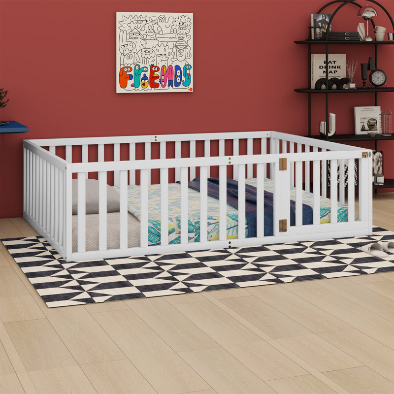 Wooden Floor Bed Frame With Fence and Door, White, Full