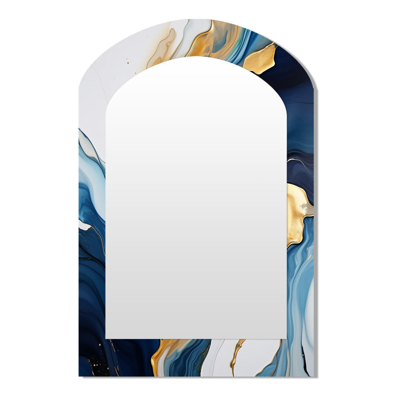 Distant River Liquid Art - River Asymmetrical Large Mirror, Blue Arch Decorative Wall Mirror, Printed Metal Art, 43'' x 33''