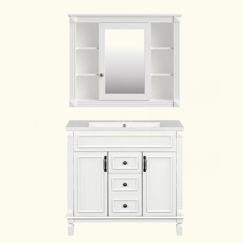 Meuble-lavabo de 36 po avec lavabo supérieur, armoire à miroir, armoire de rangement moderne avec 2 portes à fermeture douce et 2 tiroirs, meuble-lavabo simple