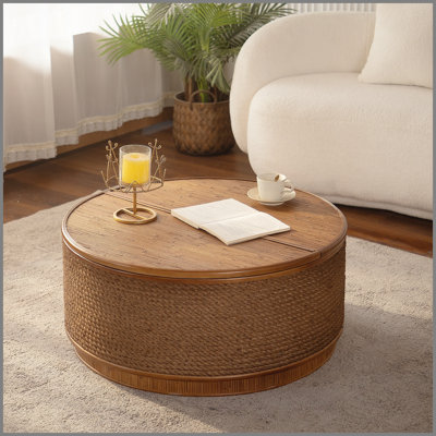 Table basse ronde en rotin avec rangement amovible, garniture en corde de chanvre tissée à la main, style boho-chic, parfaite pour les salons confortables et les espaces compacts
