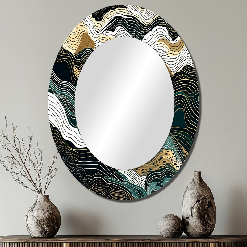 Exploring Abstracted Lines III - Green Modern Oval Wall Mirror, 40" x 30"