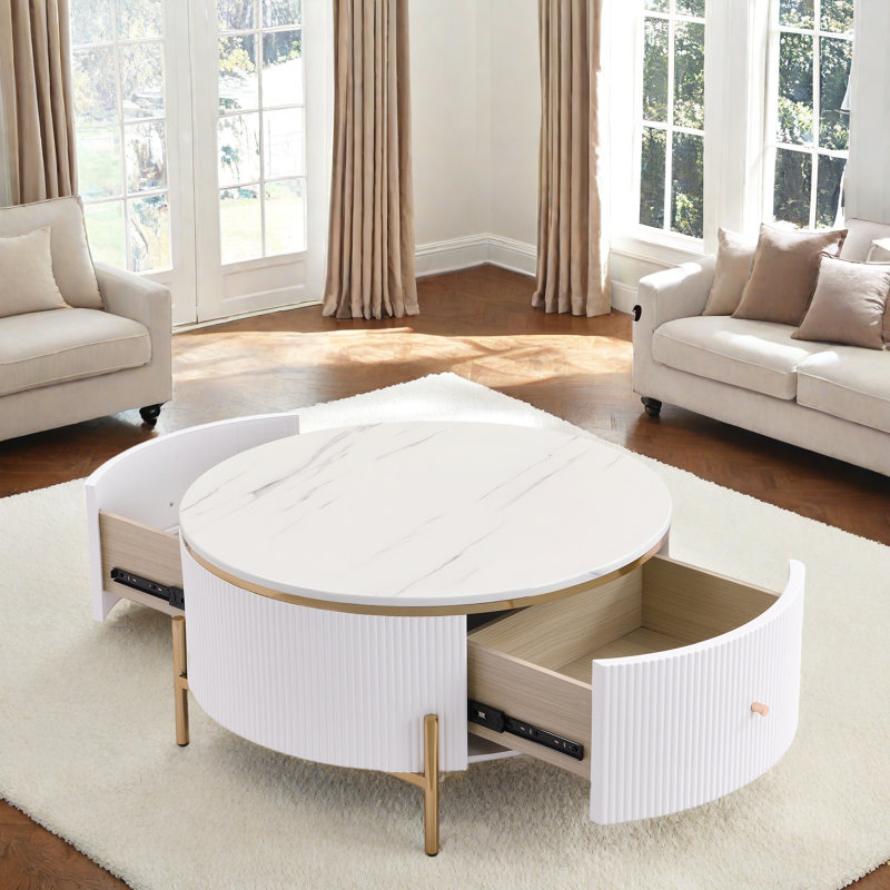 Table basse moderne moderne avec 2 grands tiroirs, motif en marbre et pieds dorés