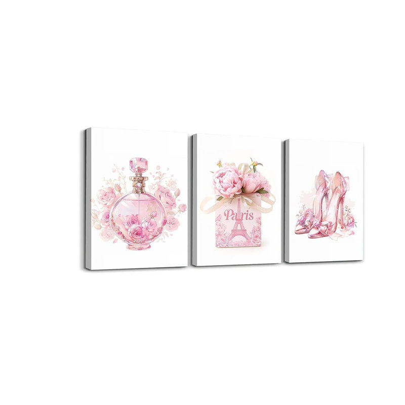Pink Gorgeous Framed Wall Art Girly Flowers Lipstick Canvas Wall Art Fashion Perfume And High Heels Pictures Paintings Romance Gifts For Dorm 12"X 16"X 3 Panel