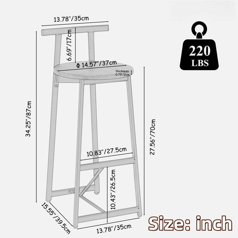 Set Of 3 Bar Stools With Backrest, Footrest And Metal Frame