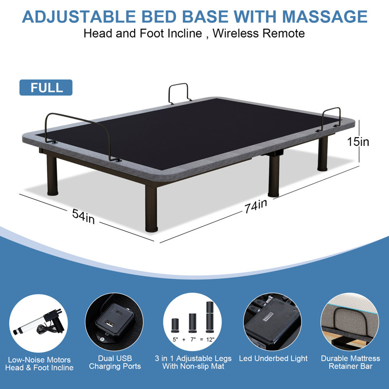 Adjustable Smart Bed Base - Remote Control, Zero Gravity, Massage, USB Ports, Full