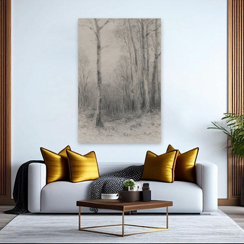Dessin d'une ligne d'arbre - esquisse de forêt contemporaine gris anthracite, H 40 po x l 60 po