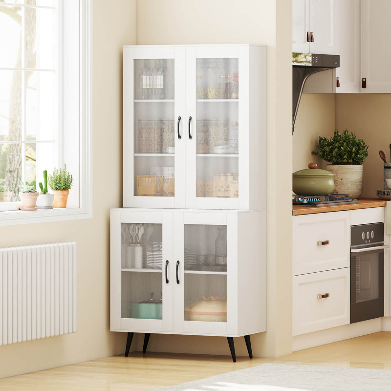 Armoire de cuisine avec portes cannelées translucides et tablette réglable, Blanc