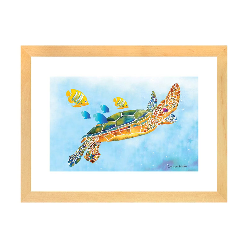 «Sea Turtle Fish» par Jo Lynch - reproduction d'art, Papier avec cadre beige, H 16 po x l 24 po x P 1 po, Blanc