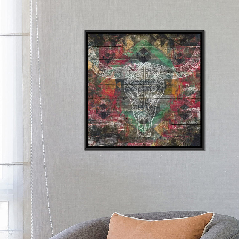« ancêtres (crâne de vache) », impression sur toile, H 26 po x l 26 po x P 1,5 po, Toile tendue, Pas de tapis