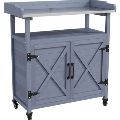 Banc de rempotage extérieur gris. Bois avec compartiment de rangement. Surface de travail en aluminium. Roues en caoutchouc pour un mouvement pratique. Rouille. Pour la rénovation du jardin. Structure de rangement pour banc l 34,26 po x P 16 po. H 37,5 po.