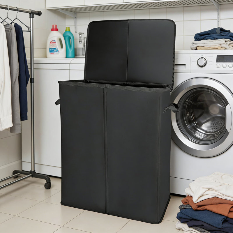Large Capacity Double Laundry Hamper With Lid, 2 Removable Laundry Bags & Collapsible Design - 2 Compartment Dirty Clothes Basket With Handles For Laundry Sorting