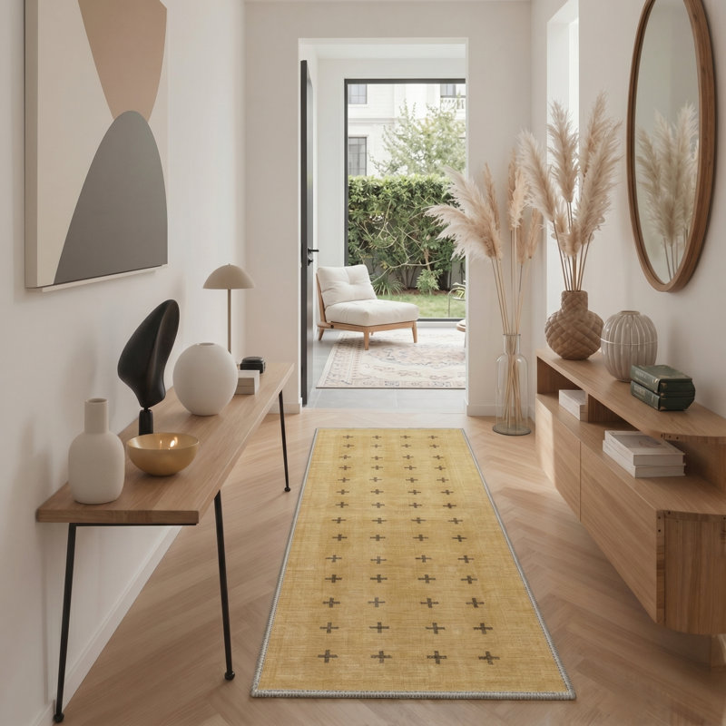 Machine Washable Non Slip Yellow / Brown Cross Area Rug Pet Friendly Indoor Carpet, Runner 2' x 6'