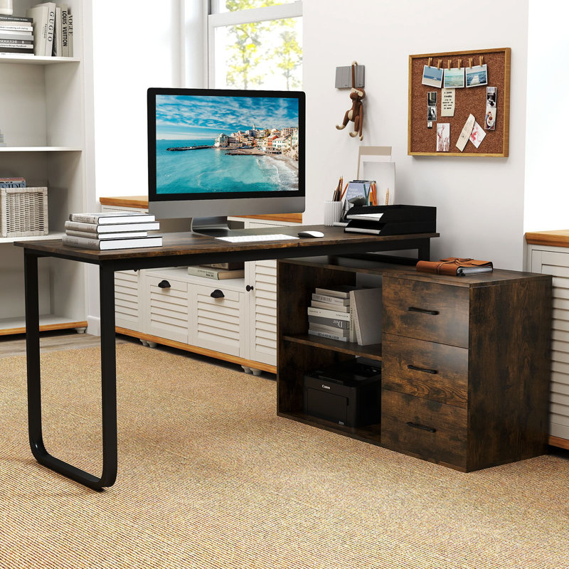 L-Shaped Metal Base Computer Desk, Brown