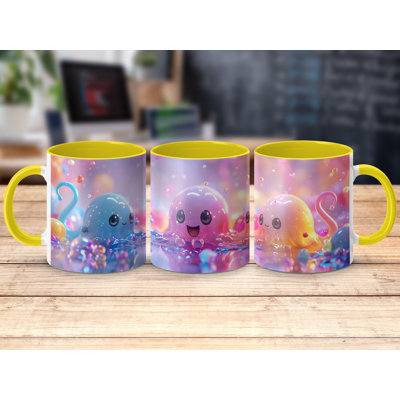3D Design 11oz Accent Mugs – Ceramic Coffee Cup with a Yellow Handle and Interior