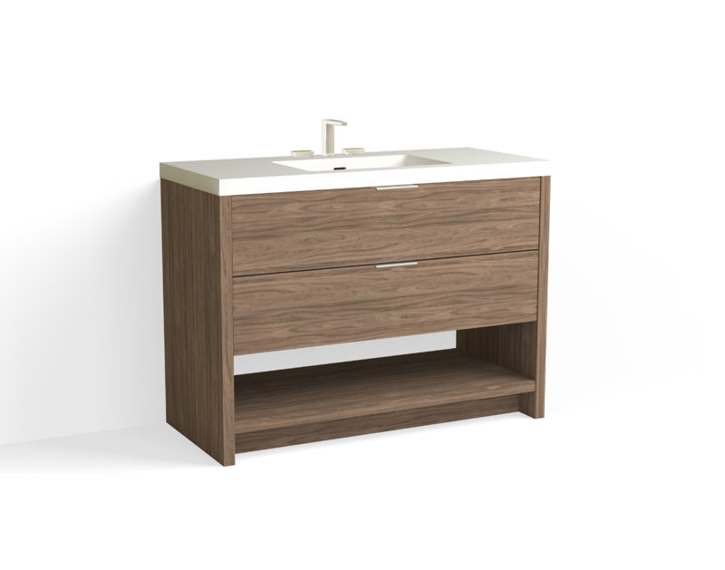 Vue 48" W Freestanding Single Bathroom Vanity, Nocino, Matte White/8" Widespread, Polished Nickel