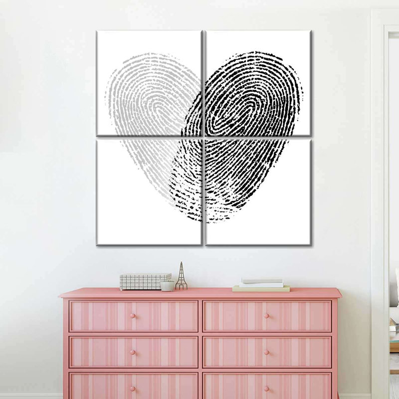 «Heart», empreinte digitale, cœur sur toile, 4 pièces, H 57 po x l 57 po x P 1 po