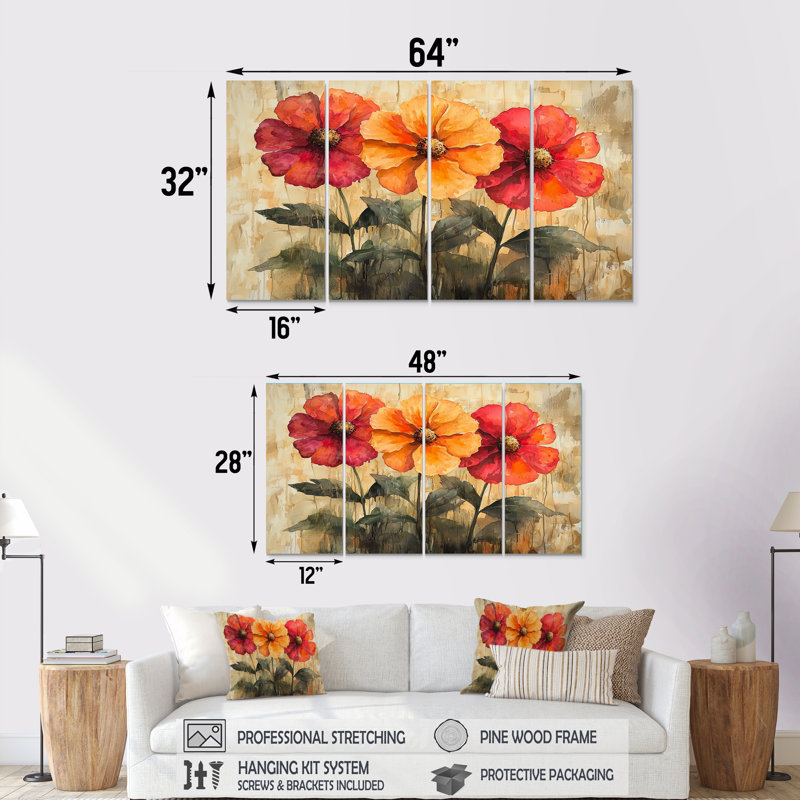 Autenberry - art mural Zinnias - décoration murale traditionnelle 4 pièces, H 28 po x l 48 po