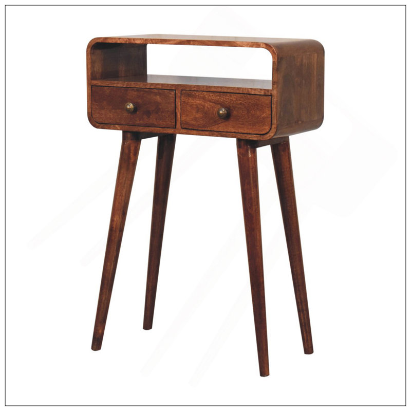 Mini console incurvée en bois massif caramel miel, 2 tiroirs, fente ouverte, pieds nordiques, brun, Bois