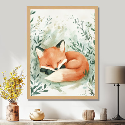 Renard endormi des bois - Tableau encadré orange pour chambre d'enfant